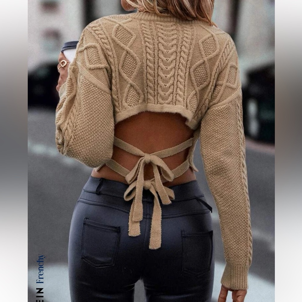 SHEIN Tie back drop shoulder cable knit crop sweater
